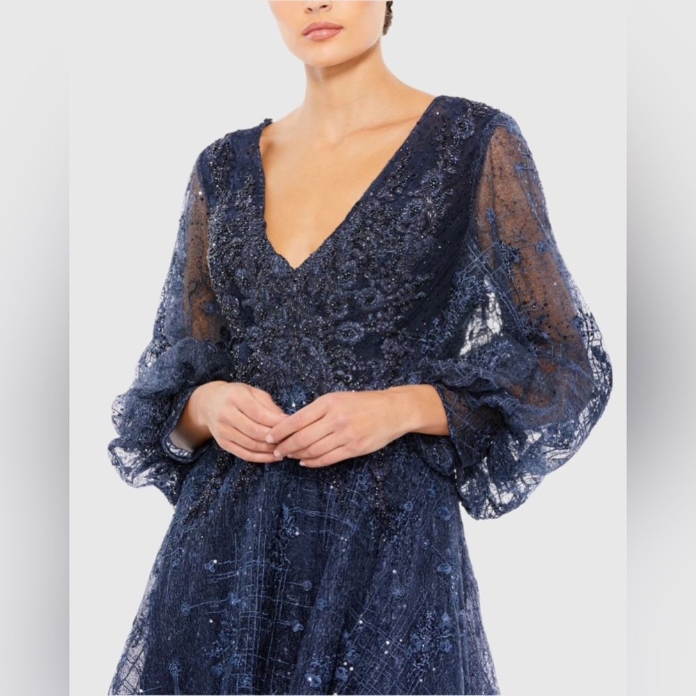 Mac Duggal Navy Blue Beaded Lace Maxi Gown - Picture 4 of 15